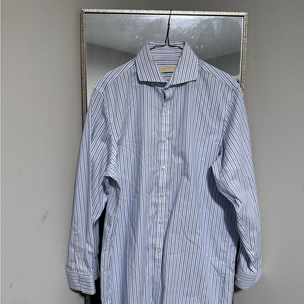 Michael Kors Men's Blue and White Striped Dress Shirt